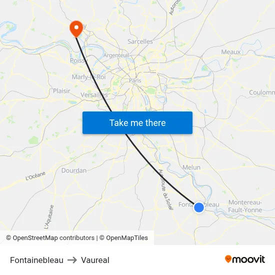 Fontainebleau to Vaureal map