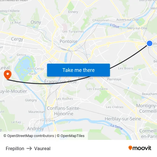 Frepillon to Vaureal map