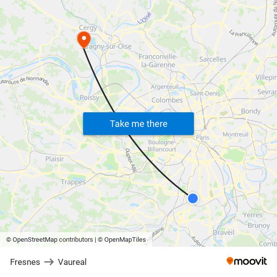 Fresnes to Vaureal map