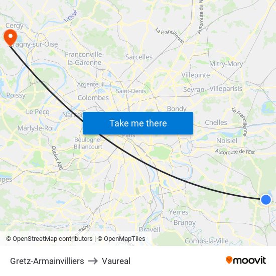 Gretz-Armainvilliers to Vaureal map