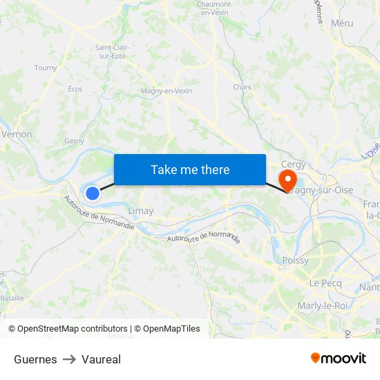 Guernes to Vaureal map
