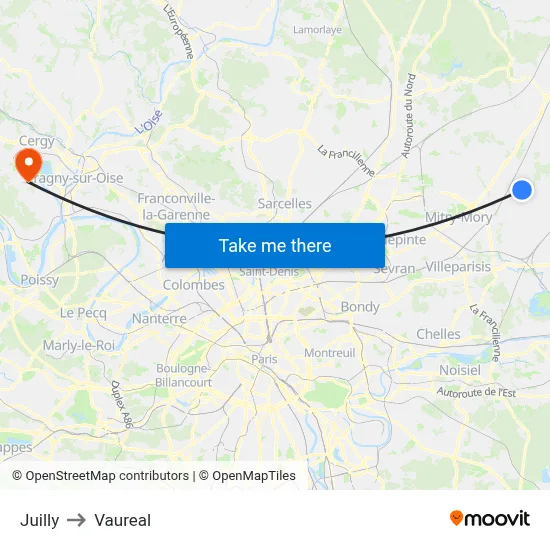 Juilly to Vaureal map