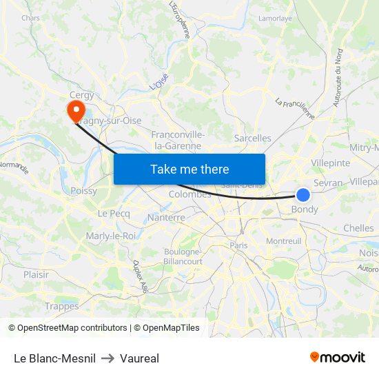 Le Blanc-Mesnil to Vaureal map