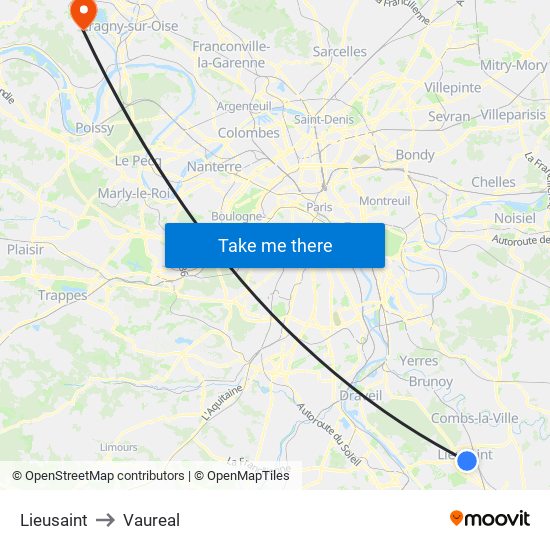 Lieusaint to Vaureal map