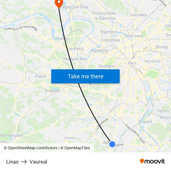 Linas to Vaureal map