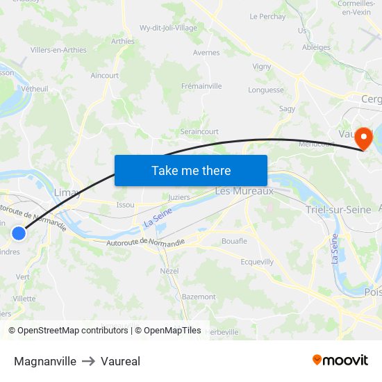 Magnanville to Vaureal map