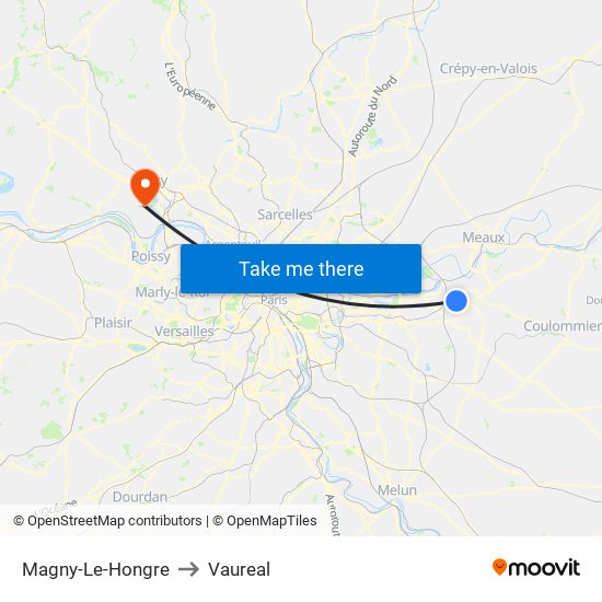 Magny-Le-Hongre to Vaureal map