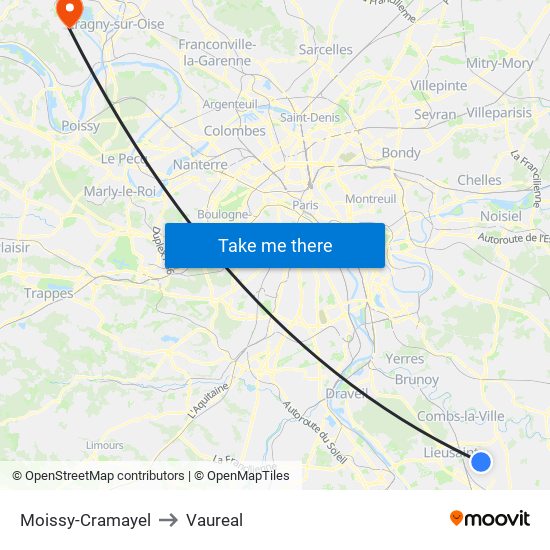 Moissy-Cramayel to Vaureal map