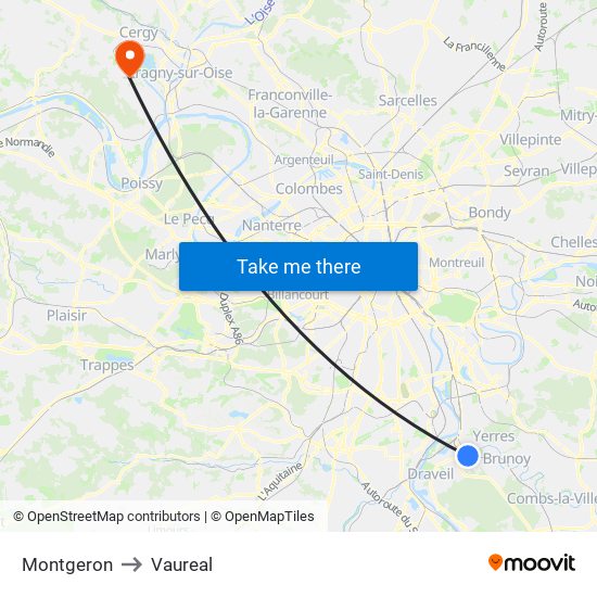 Montgeron to Vaureal map