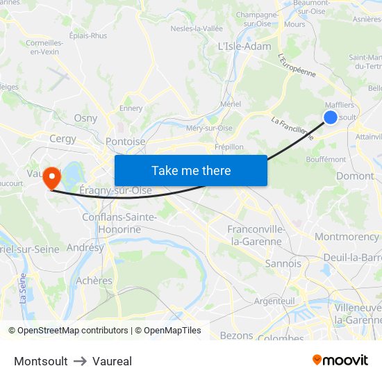 Montsoult to Vaureal map