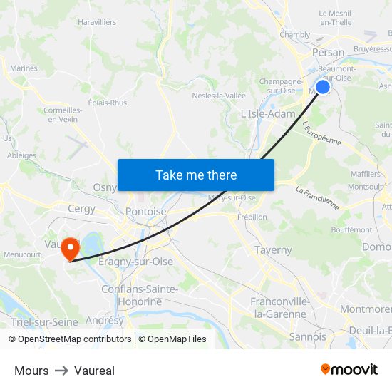 Mours to Vaureal map