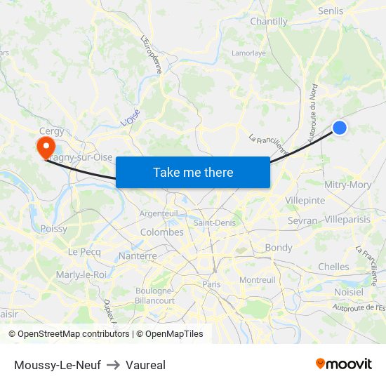 Moussy-Le-Neuf to Vaureal map