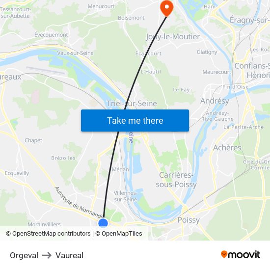 Orgeval to Vaureal map