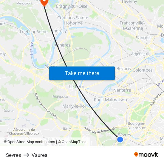 Sevres to Vaureal map