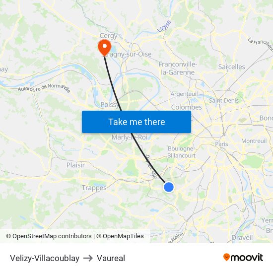 Velizy-Villacoublay to Vaureal map