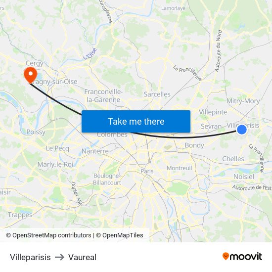 Villeparisis to Vaureal map