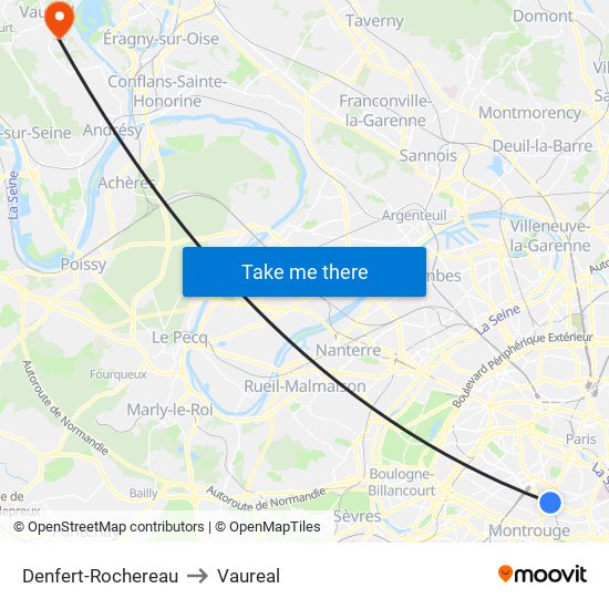 Denfert-Rochereau to Vaureal map