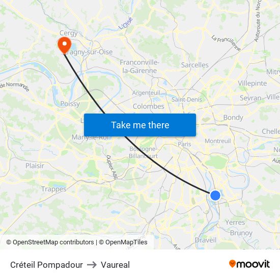 Créteil Pompadour to Vaureal map