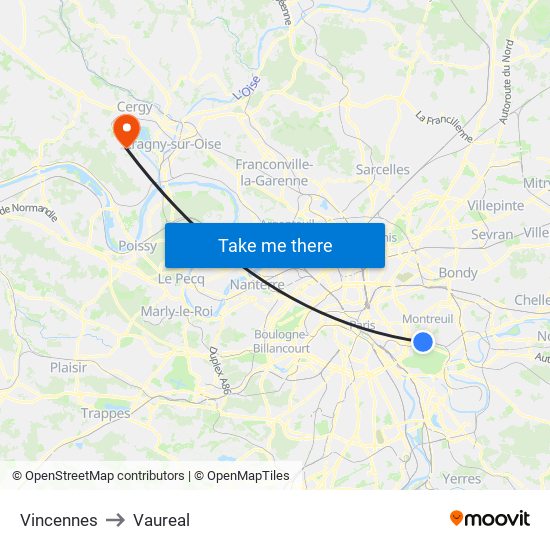 Vincennes to Vaureal map
