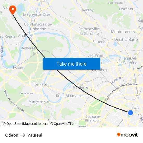 Odéon to Vaureal map
