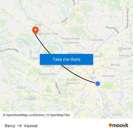 Bercy to Vaureal map