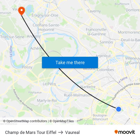 Champ de Mars Tour Eiffel to Vaureal map