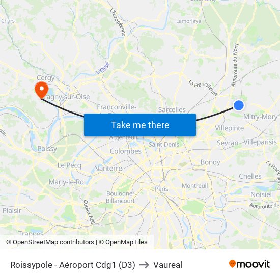 Roissypole - Aéroport Cdg1 (D3) to Vaureal map