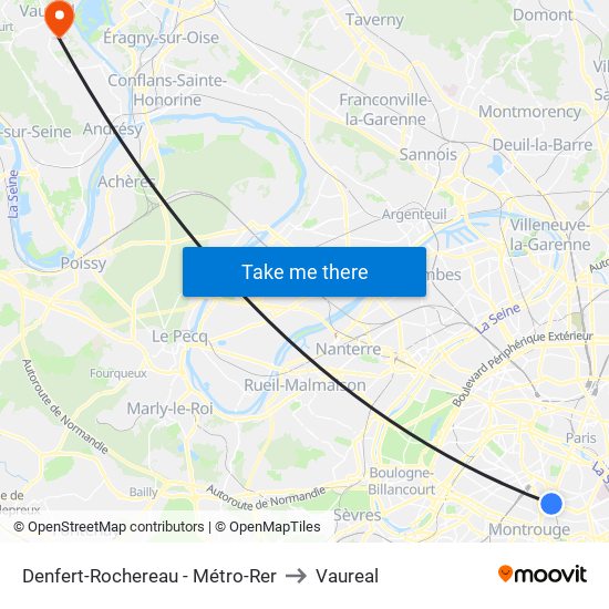 Denfert-Rochereau - Métro-Rer to Vaureal map