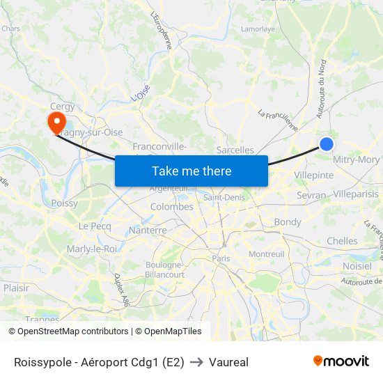 Roissypole - Aéroport Cdg1 (E2) to Vaureal map