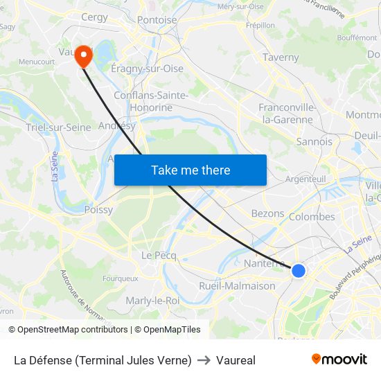 La Défense (Terminal Jules Verne) to Vaureal map