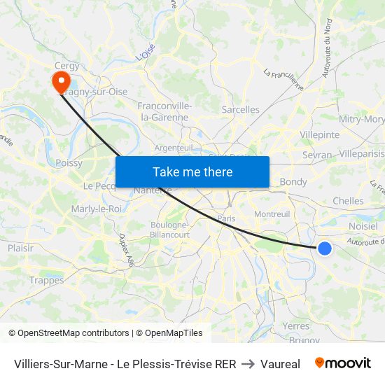 Villiers-Sur-Marne - Le Plessis-Trévise RER to Vaureal map