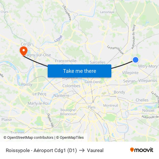 Roissypole - Aéroport Cdg1 (D1) to Vaureal map