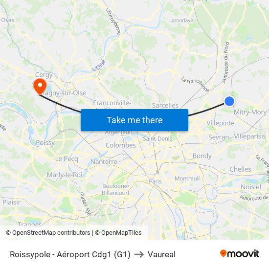 Roissypole - Aéroport Cdg1 (G1) to Vaureal map