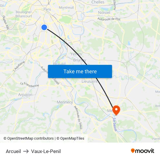 Arcueil to Vaux-Le-Penil map