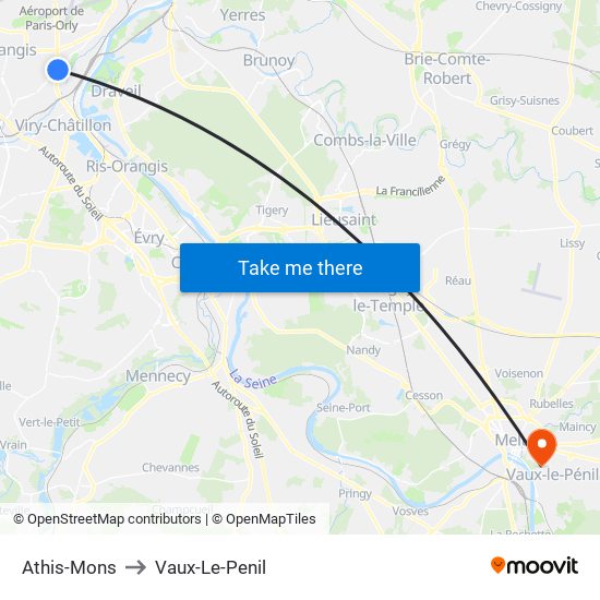 Athis-Mons to Vaux-Le-Penil map