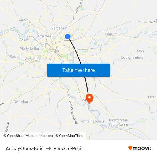 Aulnay-Sous-Bois to Vaux-Le-Penil map