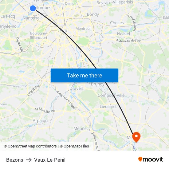 Bezons to Vaux-Le-Penil map