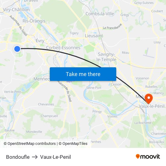 Bondoufle to Vaux-Le-Penil map