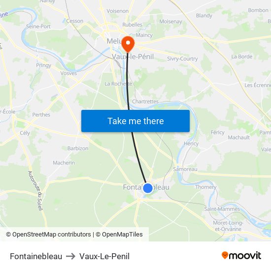 Fontainebleau to Vaux-Le-Penil map