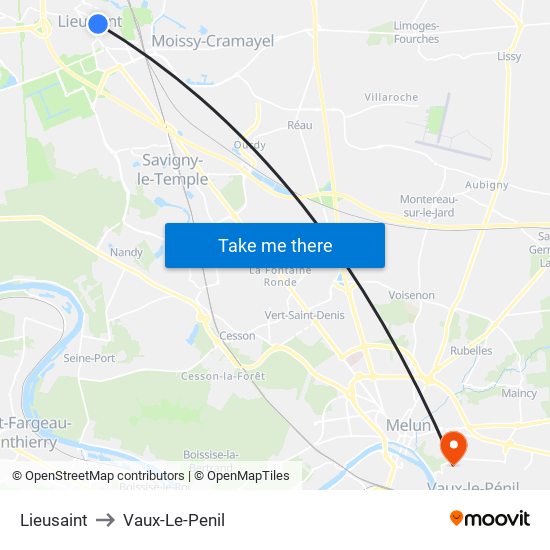 Lieusaint to Vaux-Le-Penil map
