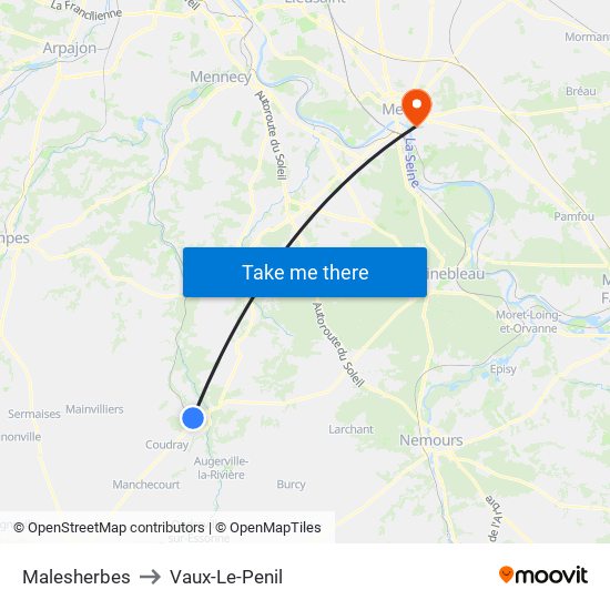 Malesherbes to Vaux-Le-Penil map