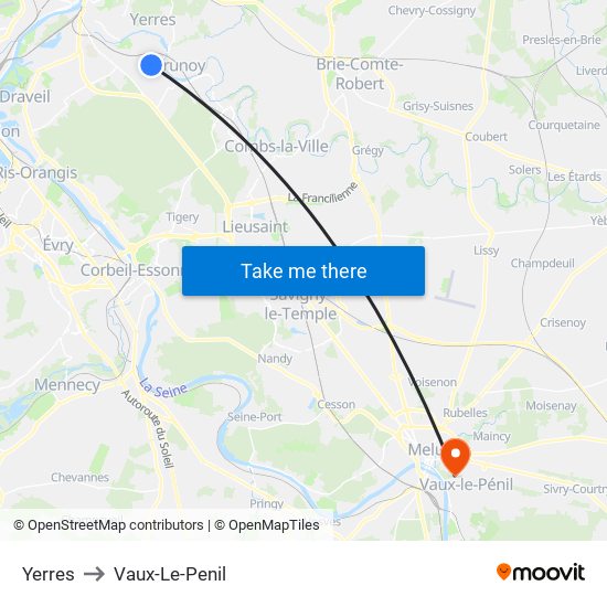 Yerres to Vaux-Le-Penil map