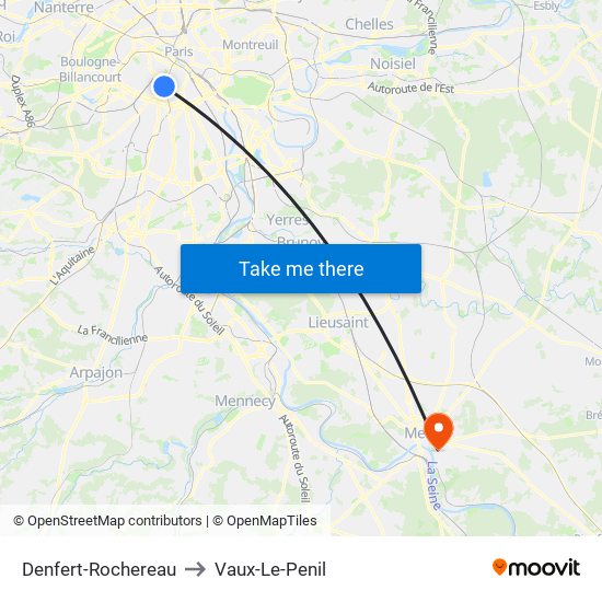 Denfert-Rochereau to Vaux-Le-Penil map