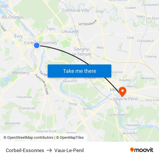 Corbeil-Essonnes to Vaux-Le-Penil map