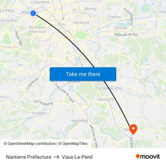 Nanterre Préfecture to Vaux-Le-Penil map