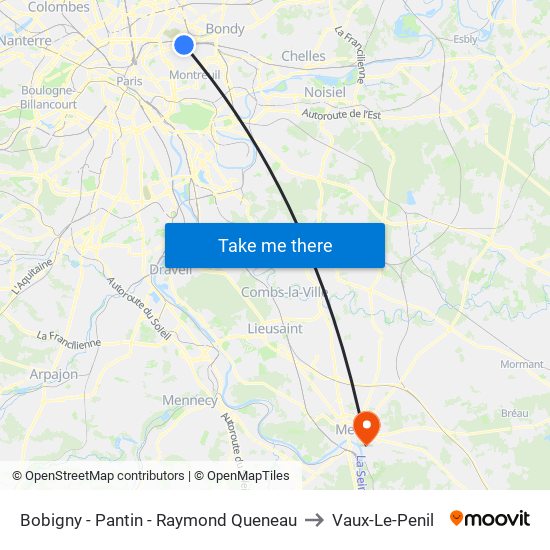 Bobigny - Pantin - Raymond Queneau to Vaux-Le-Penil map