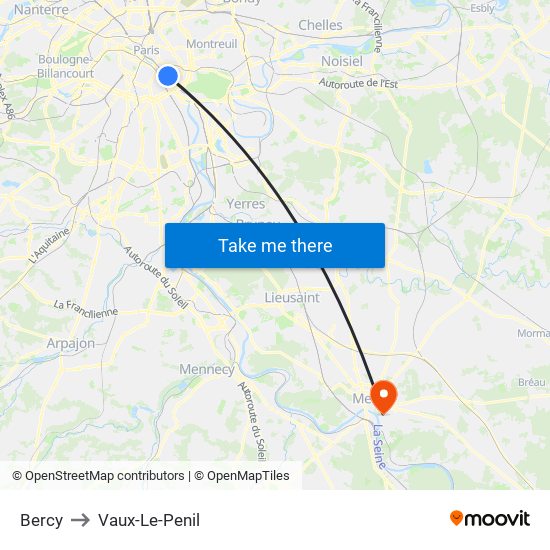 Bercy to Vaux-Le-Penil map