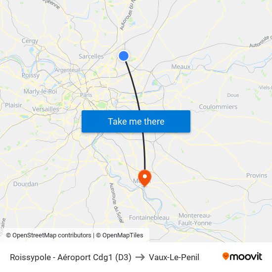 Roissypole - Aéroport Cdg1 (D3) to Vaux-Le-Penil map