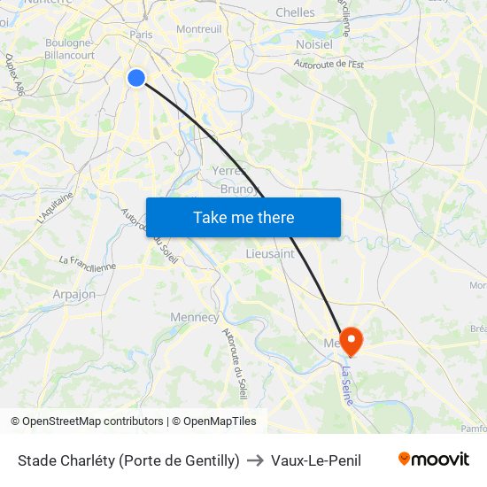 Stade Charléty (Porte de Gentilly) to Vaux-Le-Penil map