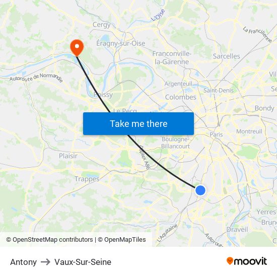 Antony to Vaux-Sur-Seine map